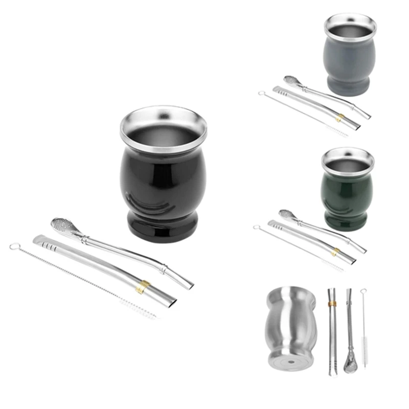 

Double-Wall Stainless Yerba Mate Gourd Tea Cup Set Coffee Water Cup With 2 Bombillas Straws Spoon&Clean Brush 8Oz