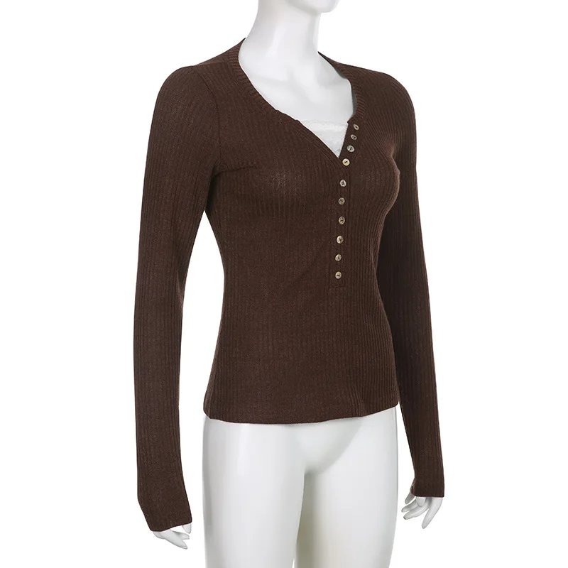 Вязаная футболка в стиле гранж Cotteage Y2K джемперы винтажный коричневый трикотажный