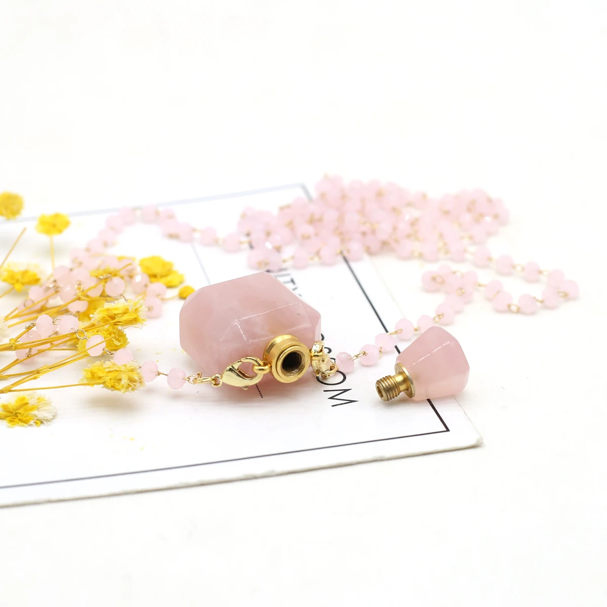 

New Arrival Natural Semi-Precious Rose Quartz Essential Oil Diffuser Perfume Bottle Pendant Necklace Charm Crystal Gift Jewelry