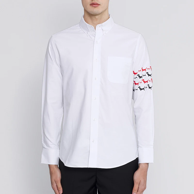 TB THOM Men's Casual Button Down Shirts Luxury Brand Oxford Regular fit Dress Shirt Puppy Embroidery Long Sleeve Shirt