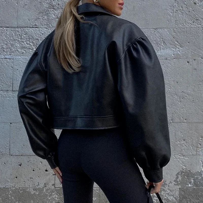 Autumn Faux PU Leather Black Puff Sleeve Blazer Jacket Casual Zipper Top Short Jacket Women's Lapel Black Motorcycle Jacket