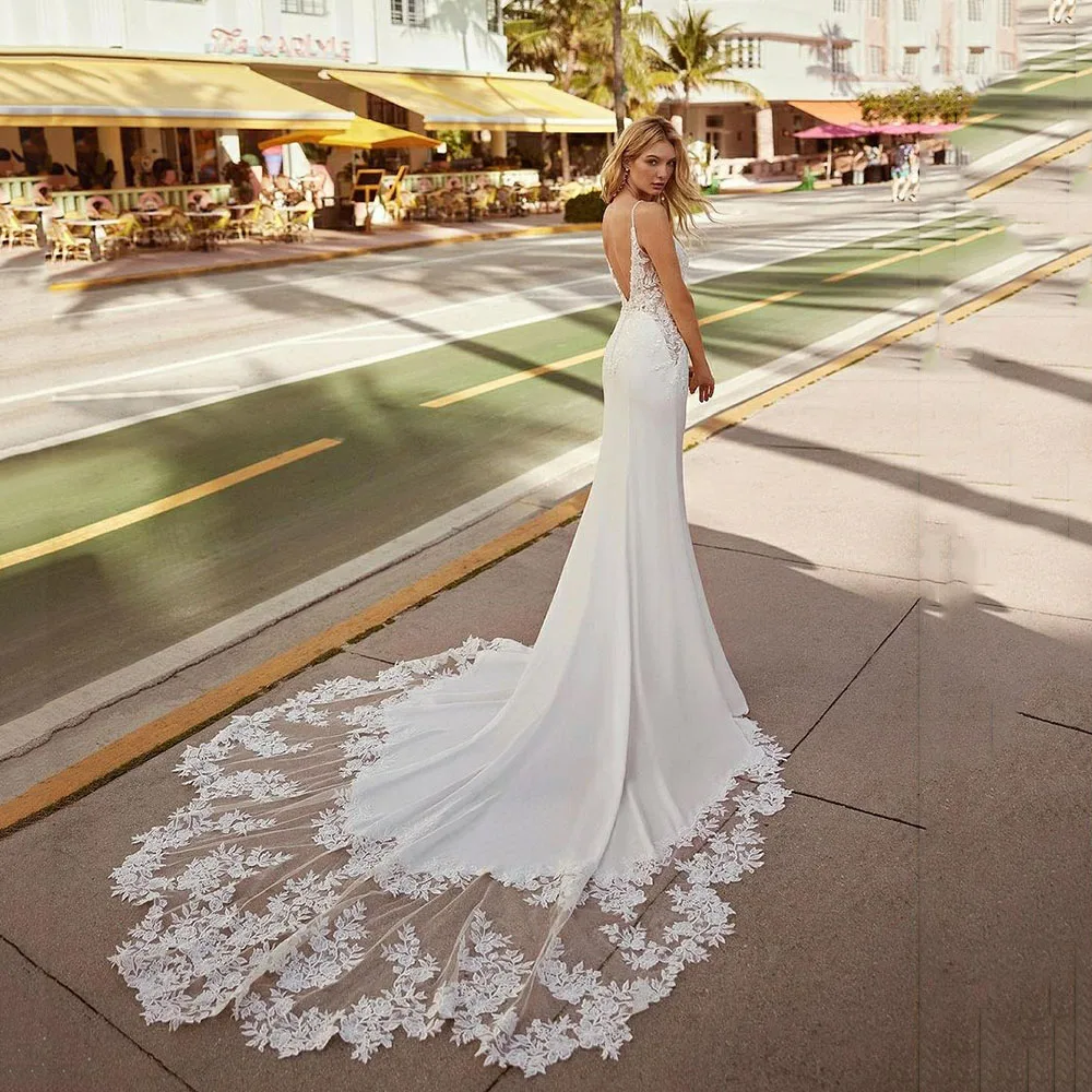 

Msikoods Boho Mermaid Wedding Dresses 2023 Satin Appliqued Lace Bride Dresses Backless Bridal Party Gowns vestidos de novia