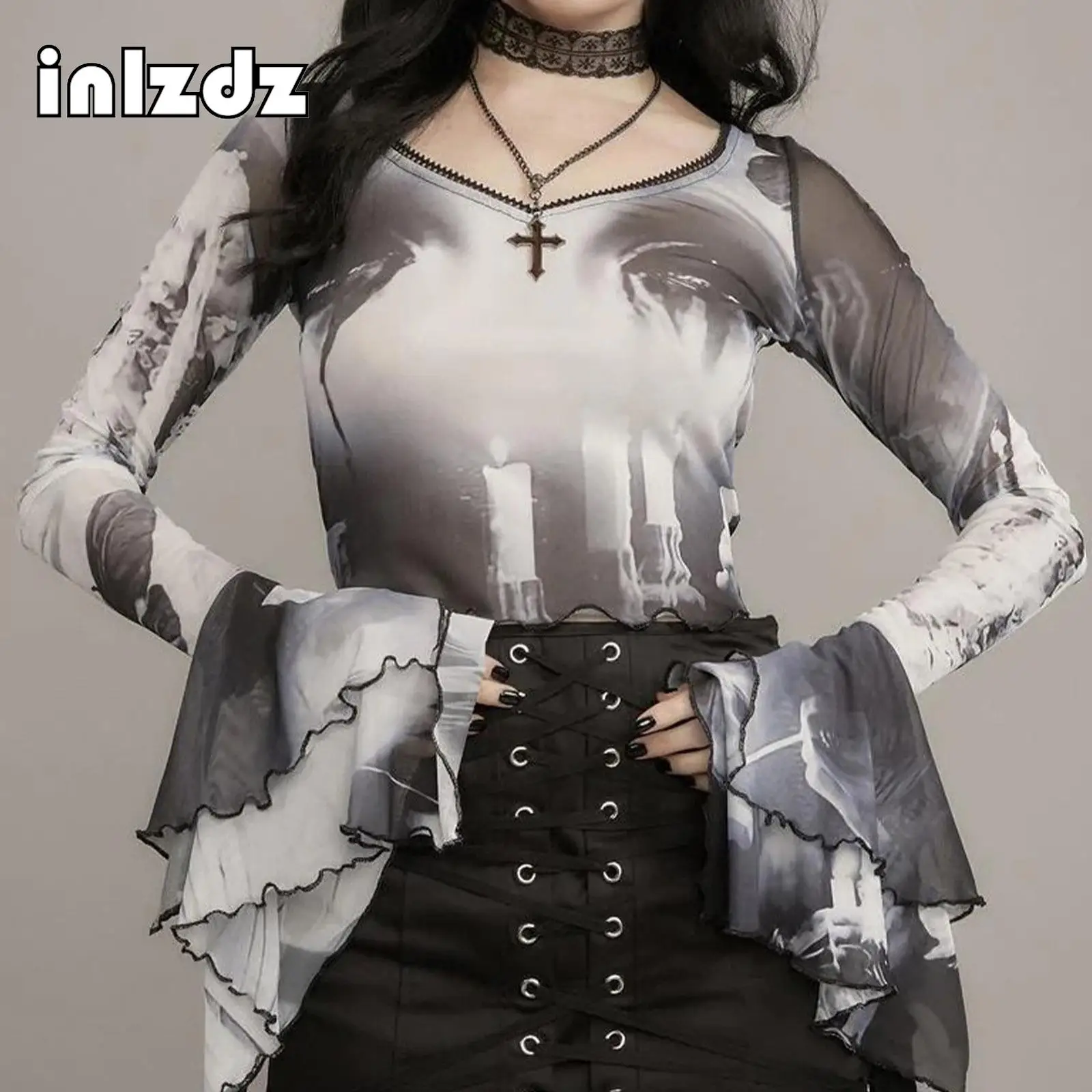 

Женская футболка с длинным рукавом, топы, сетчатый модный кроп-топ с принтом, Повседневная облегающая футболка с круглым вырезом, топы, уличная Клубная одежда