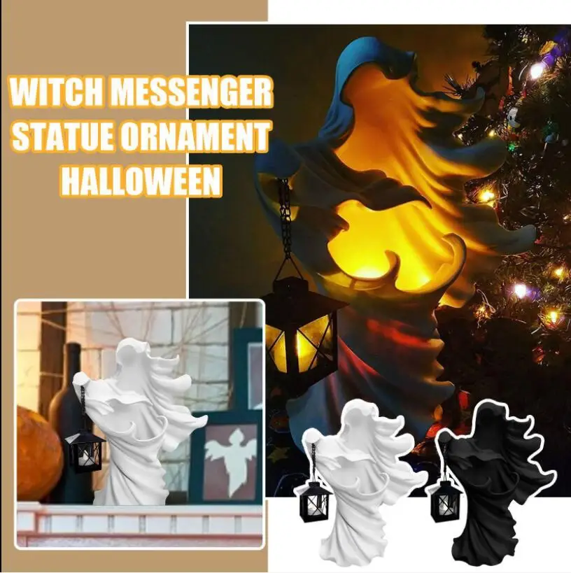 

Hell Messenger with Lantern Ghost Seeking Light Witch Resin Statue Realistic Ghost Sculpture Halloween Ornament Decorative Lamp