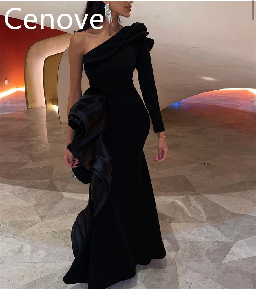 

Cenove Popular Black One Shoulder Prom Dress Floor Length With Ruffle Evening Summer Party Dress For Women2023