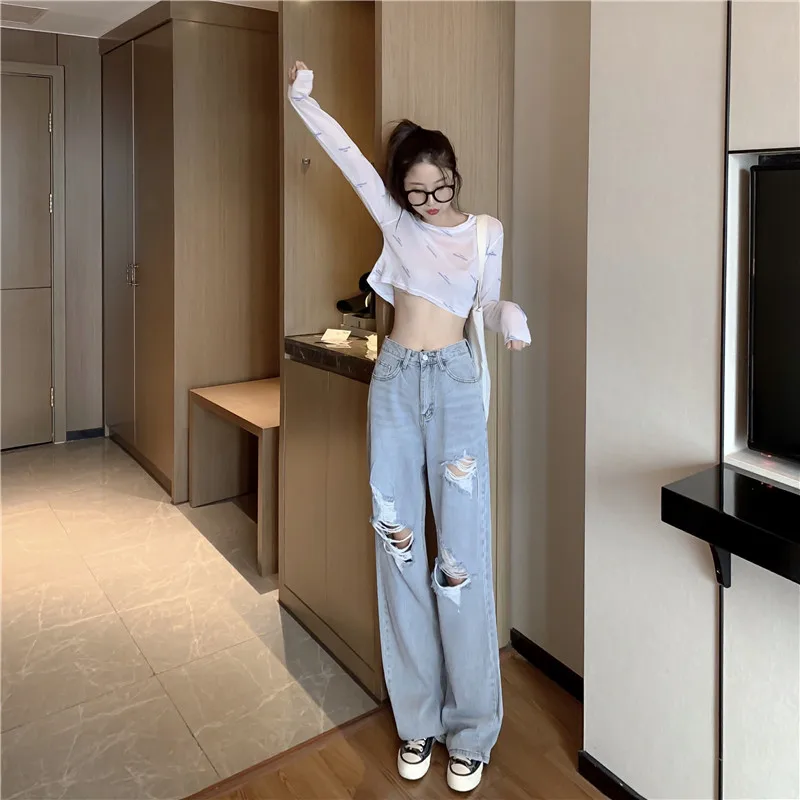 

DD1561 Ripped jeans women's new high-waisted slim straight-tube loose-fitting wide-leg pants jeans