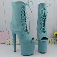 leecabe light blue suede 20cm8inches pole dancing shoes high heel platform boots open toe pole dance boots