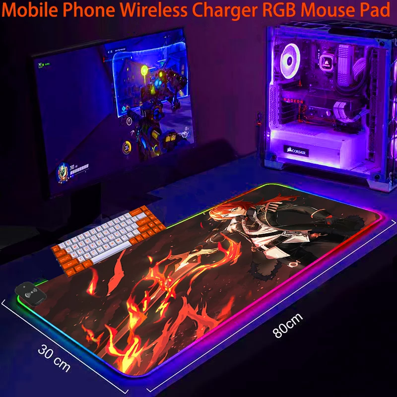 

Ударопрочный телефонный коврик для мыши Genshin с беспроводной зарядкой RGB, светодиодный игровой коврик для ноутбука, офиса, аксессуары для ПК ...