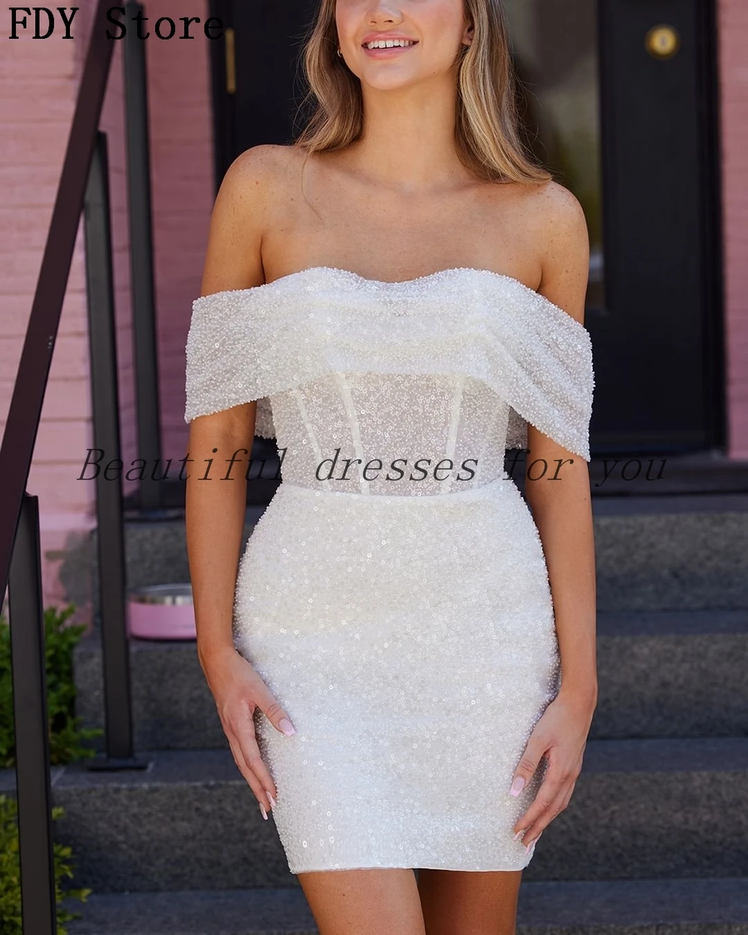 

FDY Store Princess Short Prom Dresses Sheath Off The Shoulder Sequins Backless Wedding Party Gowns Bespoke Occasion Dresses