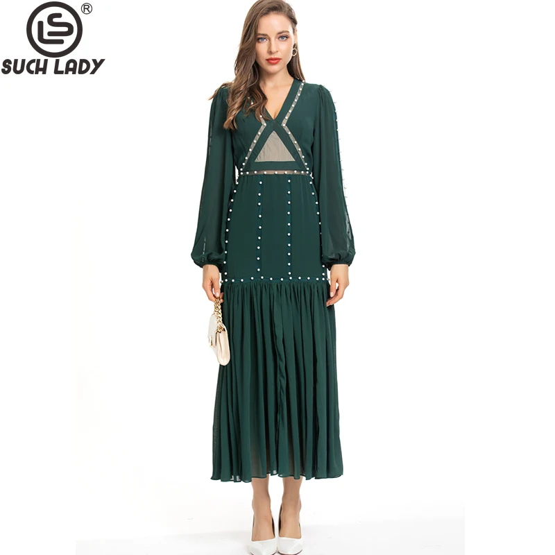 

Women's Runway Dresses V Neck Long Lantern Sleeves Beaded Patchwork Elegant Fashion Vestidos