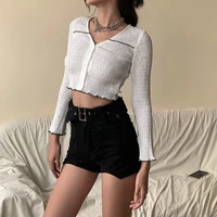 lady white ruched tee fashion casual v neck button cardigan stretch slim t shirt women thin see through long sleeve street tops