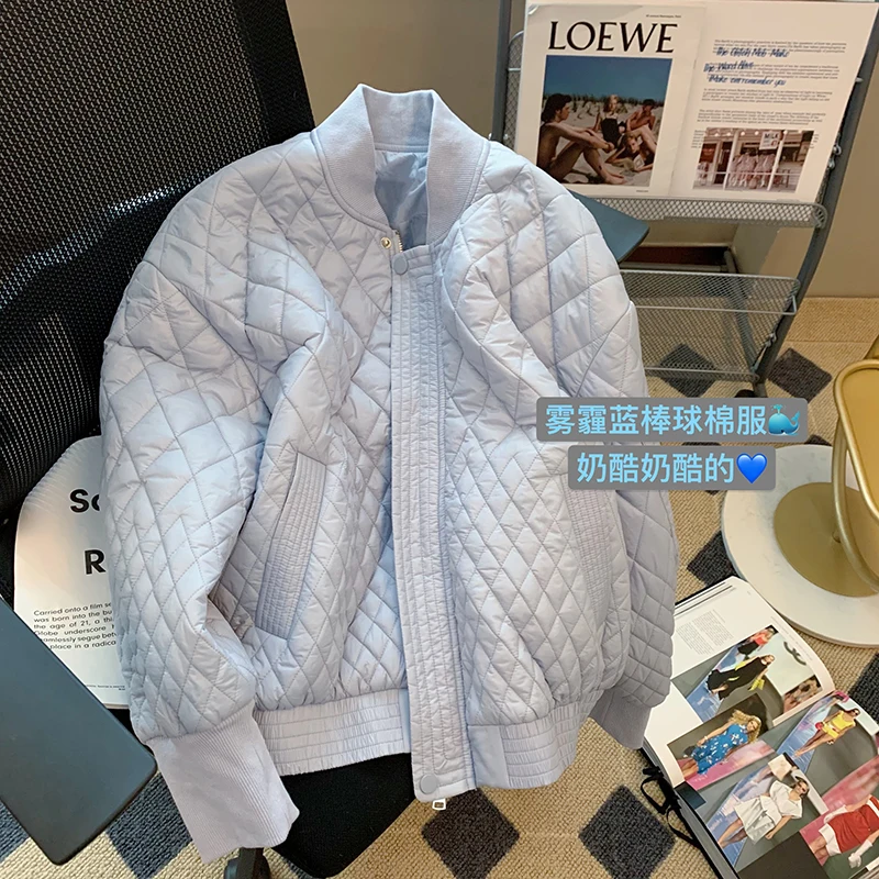 

Women's Winter Rhombus Plaid Jacket Vintage Thick Padded Jacket V-neck Baseball Uniform Coats Female Down Jacket Loose Outerwear
