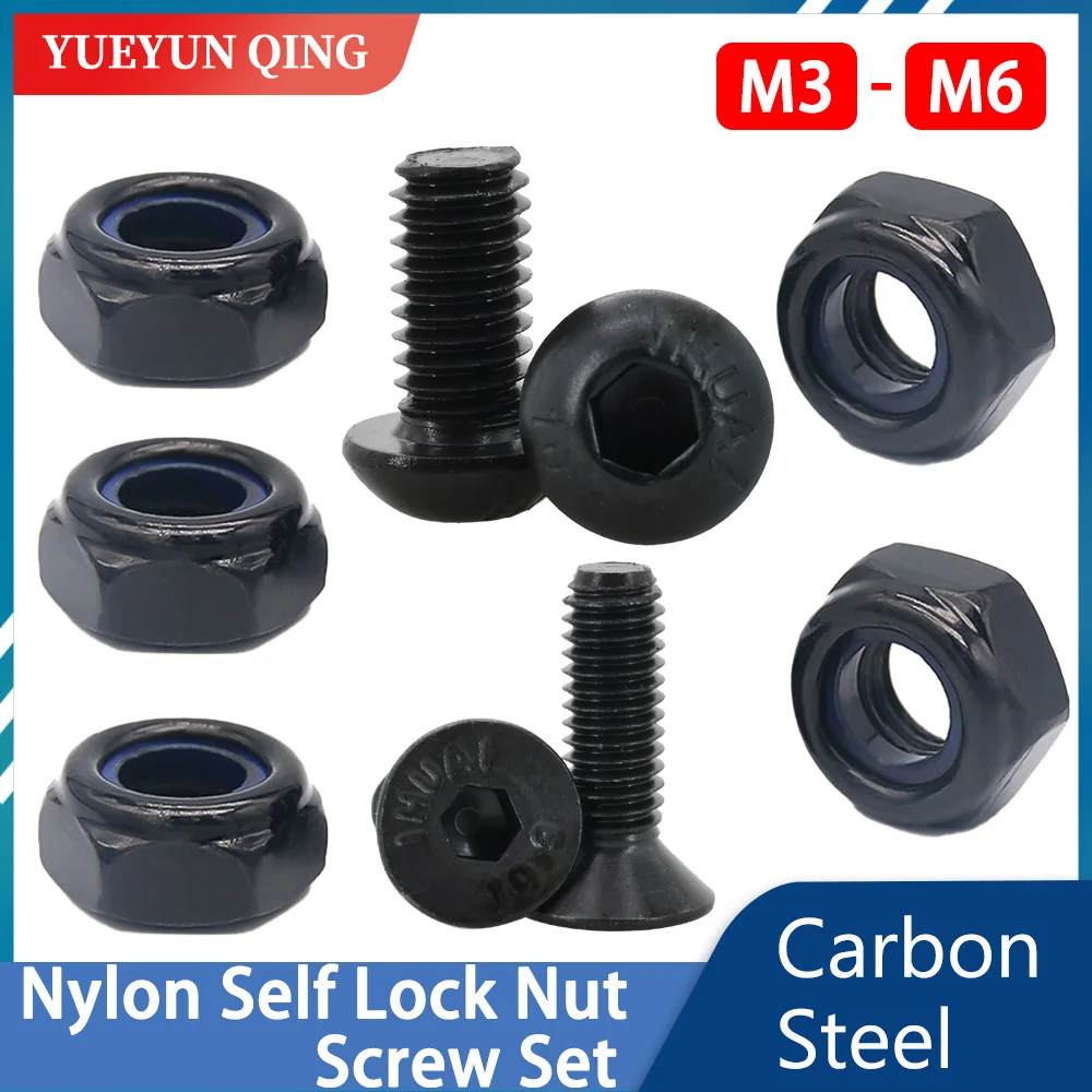 

Metric Threaded Black Carbon Steel Screw Nut Set M2 M3 M4 M5 M6 Hex Hexagonal Allen Countersunk Nylon Self Locking Nuts Bolt Kit
