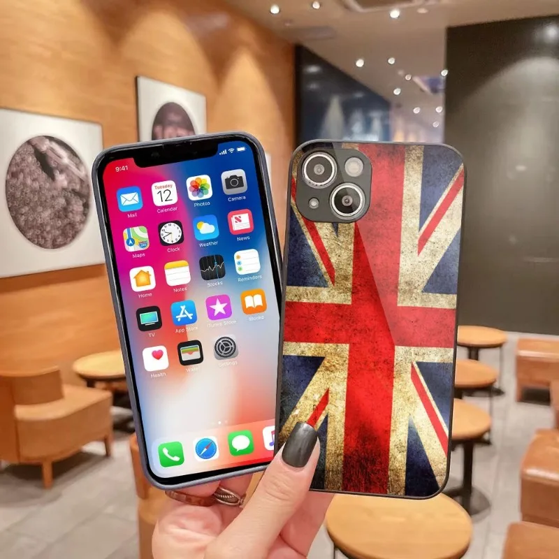 

British Uk Union Flag Phone Case for iPhone 14 13 12 11 Pro Max X XR XS 8 7 Plus Liquid Glass Cover Funda Shell