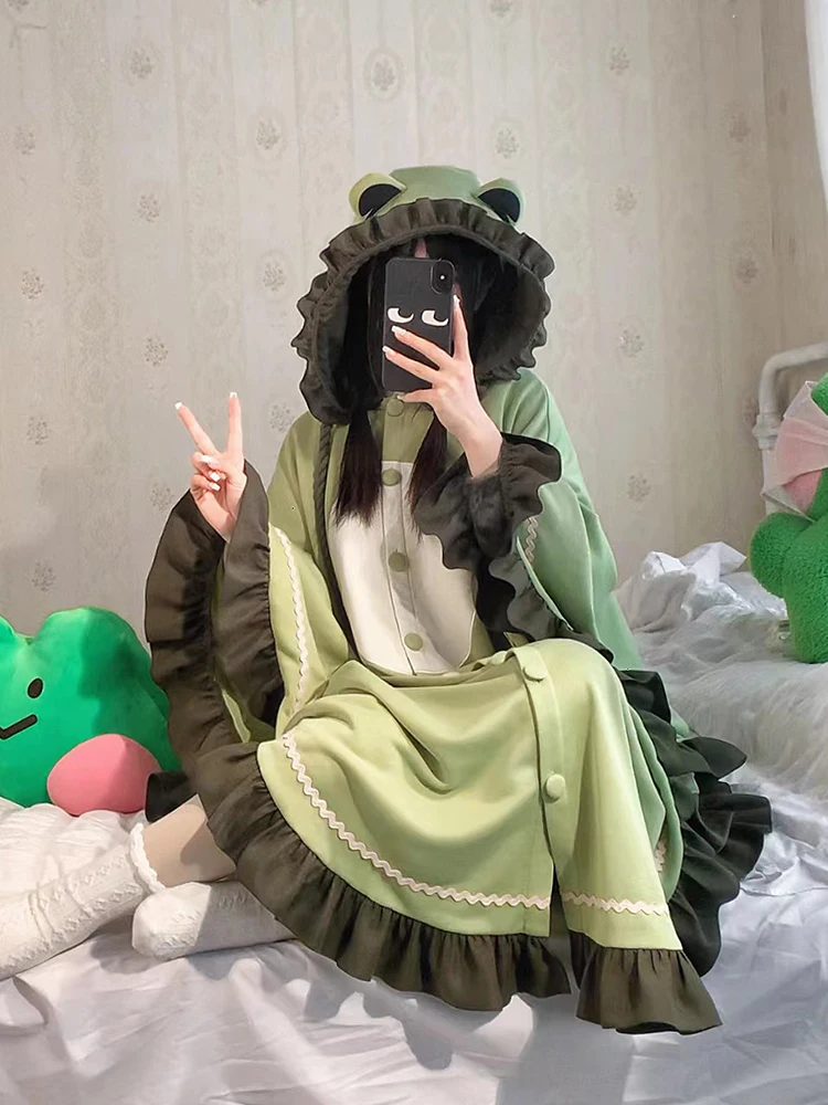 Lounge Onesies Soft Frog Cape Style Affixed Cloth Embroidered Homewear Air Conditioning Blanket Pocket Long Casual Loose Coat