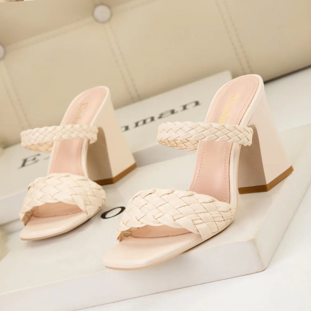 European and American style fashion sexy sandals woven square toe block heel high heel with a belt and wearing women's slippers