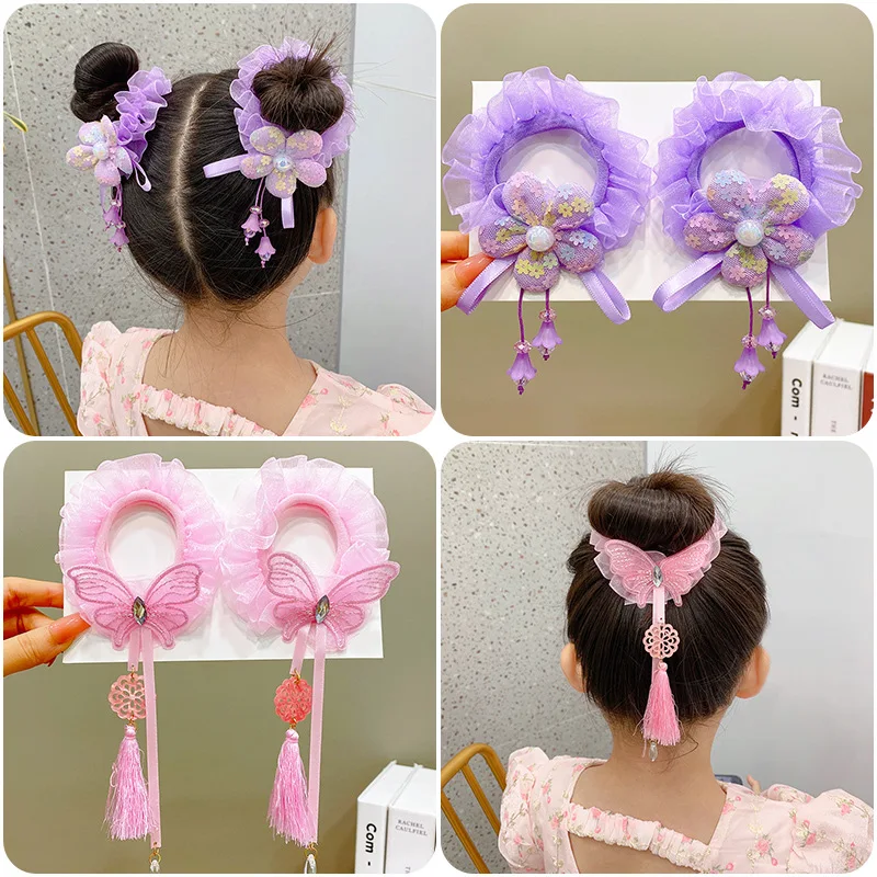 

1pair Braid Hanfu Flower Cosplay Butterfly Elastic Hair Band Scrunchies Women Girl Kid Tassel Hair Rope Tie Hair Accessories