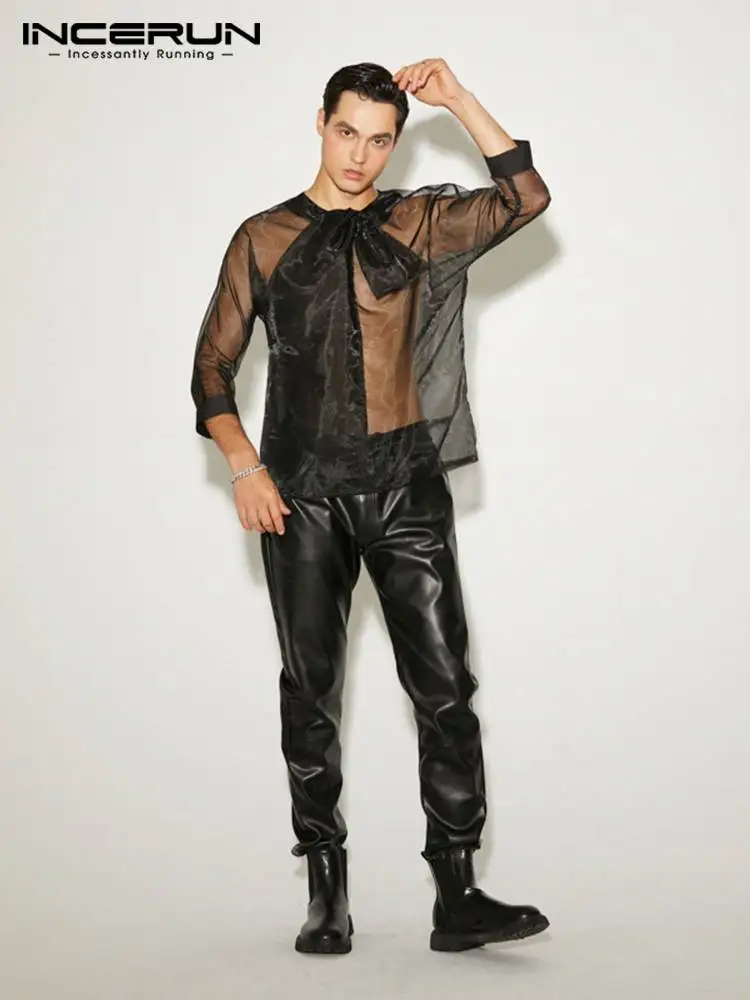 

Красивые хорошо облегающие новые мужские топы, Тонкая блузка из органзы, Модные прозрачные удобные рубашки с длинным рукавом, модель 2022 год...