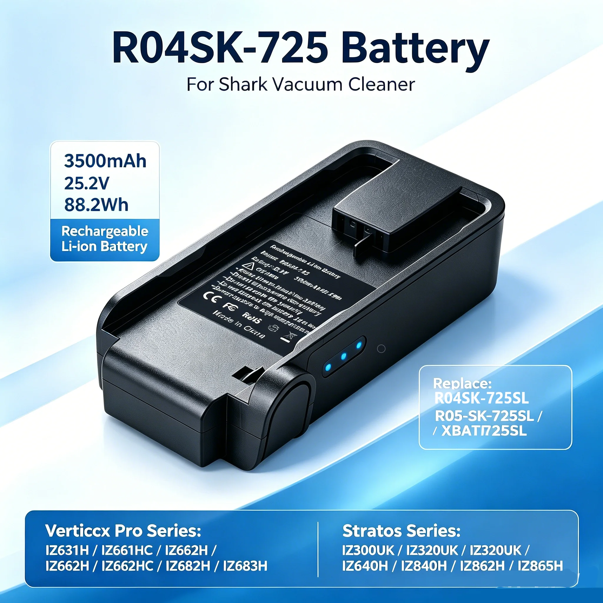 Фото Сменная батарея R04SK-725 для пылесосов Shark IZ631H, IZ661HC, IZ682H, IZ300UK, IZ320UK, IZ640H, IZ865H, 3500 мАч, XBATR725SL №1