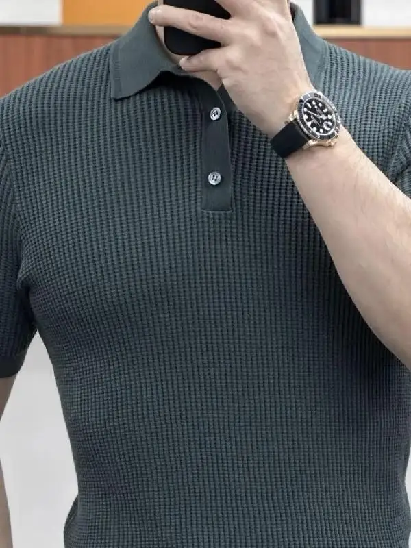 

British Style Summer Ice Silk Short Sleeve Knitted Polo Shirt Men Clothing 2023 Fashion Solid Color Lapel Tee Shirt Top B43