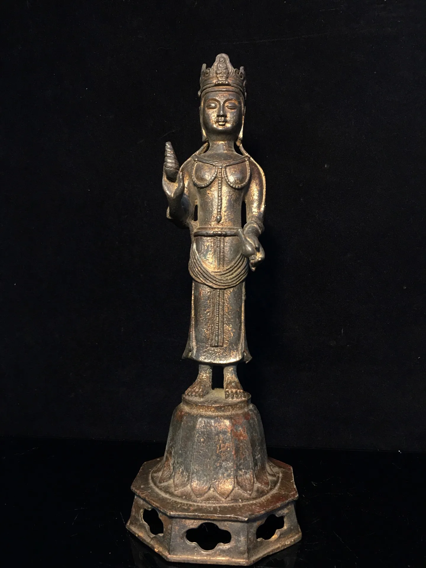 

12" Tibetan Temple Collection Old Bronze Cinnabar Mud gold Northern Wei Buddha Guanyin Bodhisattva Standing Buddha worship hall