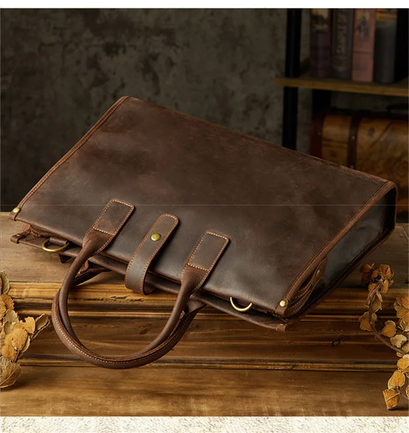 Retro top quality Crazy Horse cowhide Men's 14-inch Laptop Business Briefcase Daily Work Outdoor lawyer shoulder Messenger Bag