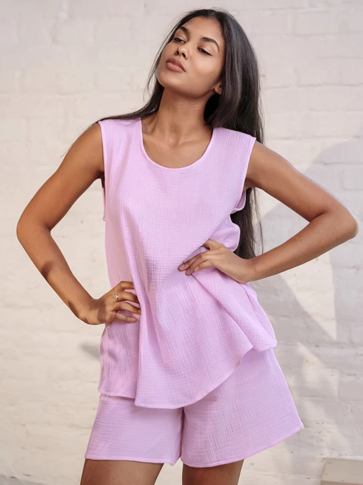 

Hiloc Tank Top Women's Nightwear 100% Cotton Home Suit For Women O-Neck Women's Pajamas Set Purple Loose Pajama With Shorts 2022