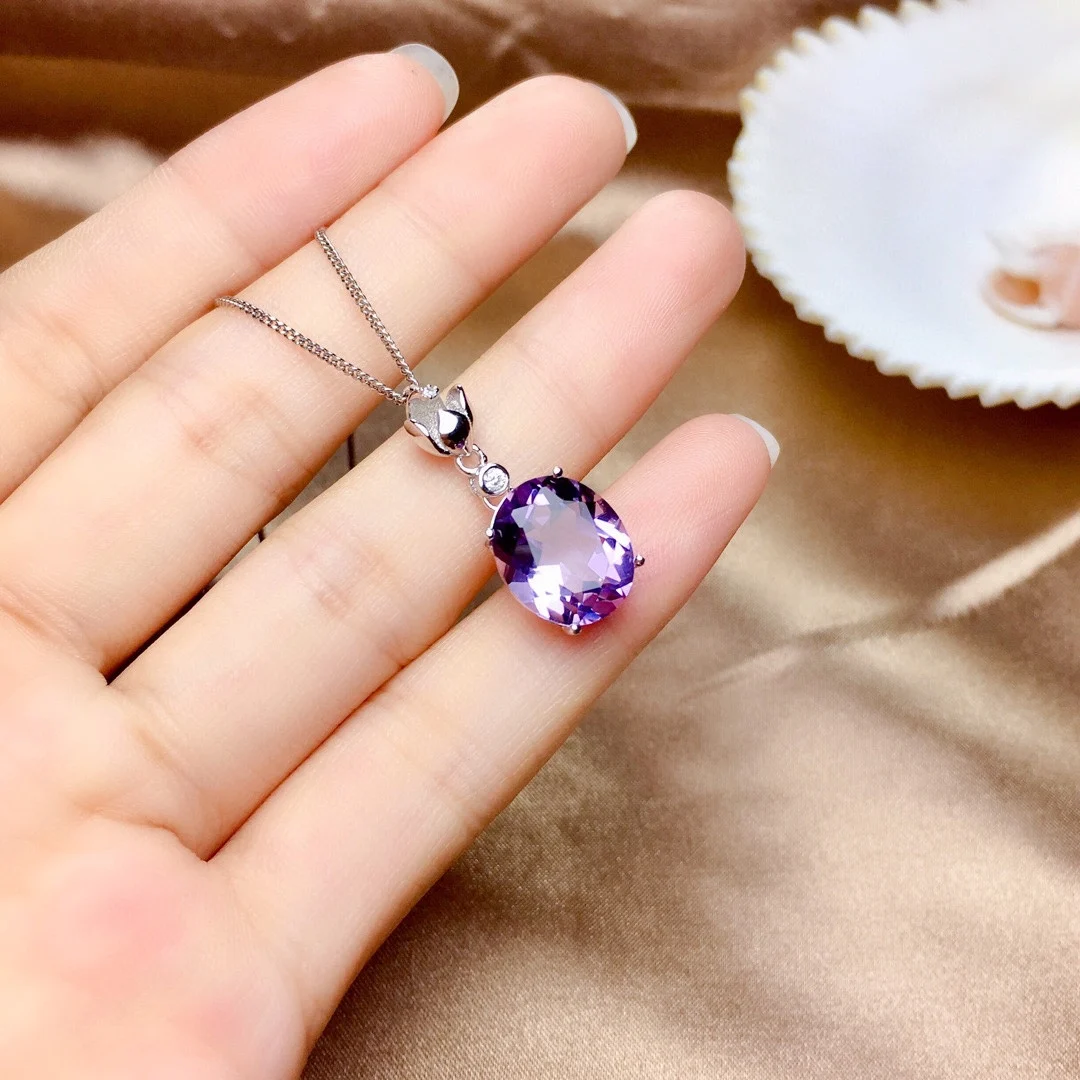 

Natural amethyst pendant necklace female Japanese and Korean fashion 925 silver plated inlaid send chain support detection