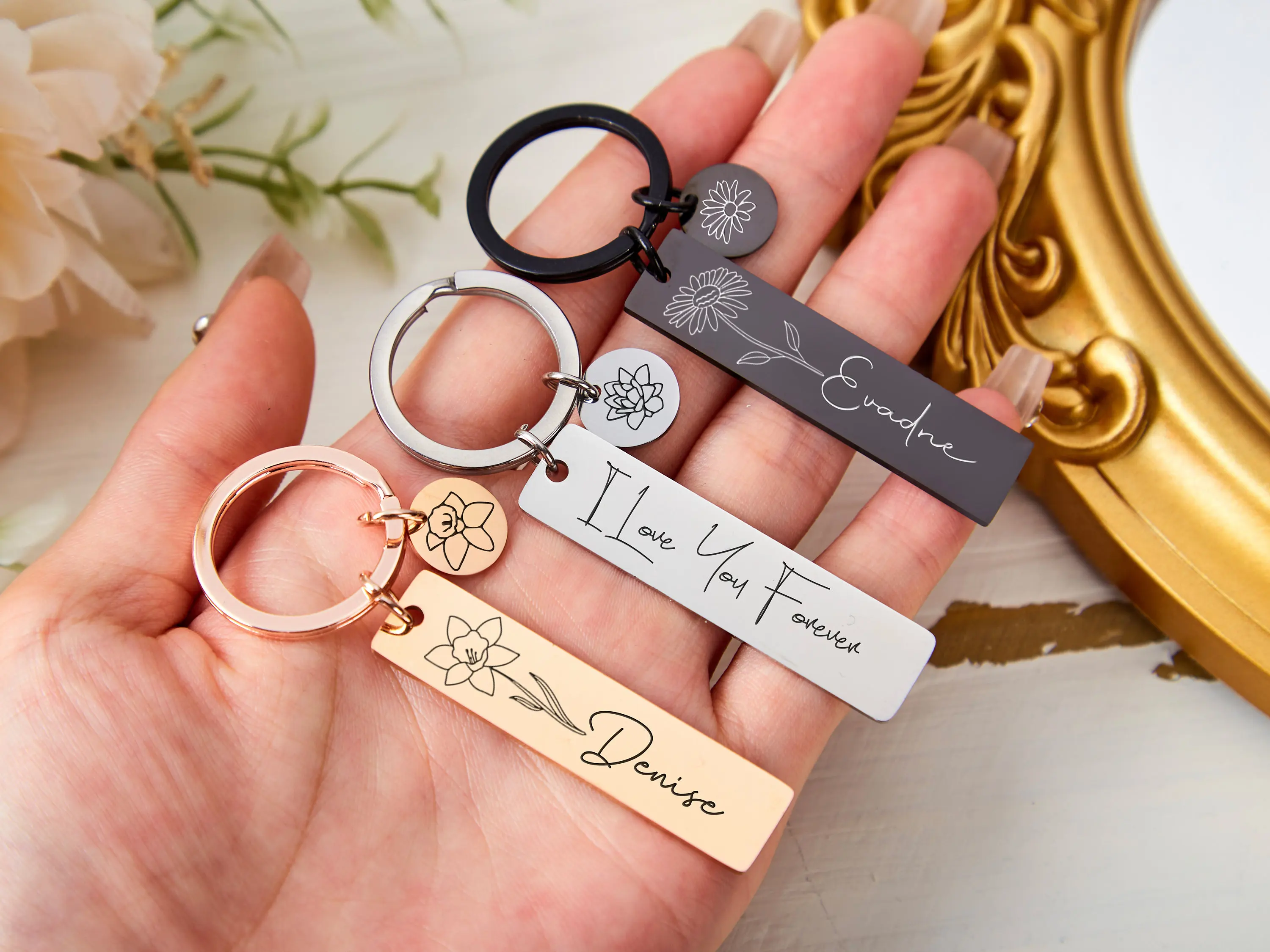 

Custom Name Key Chain Personalized Birthflower Keychain Combined Dainty Keyring Engraved Birth Month Key Ring For Her Birthday