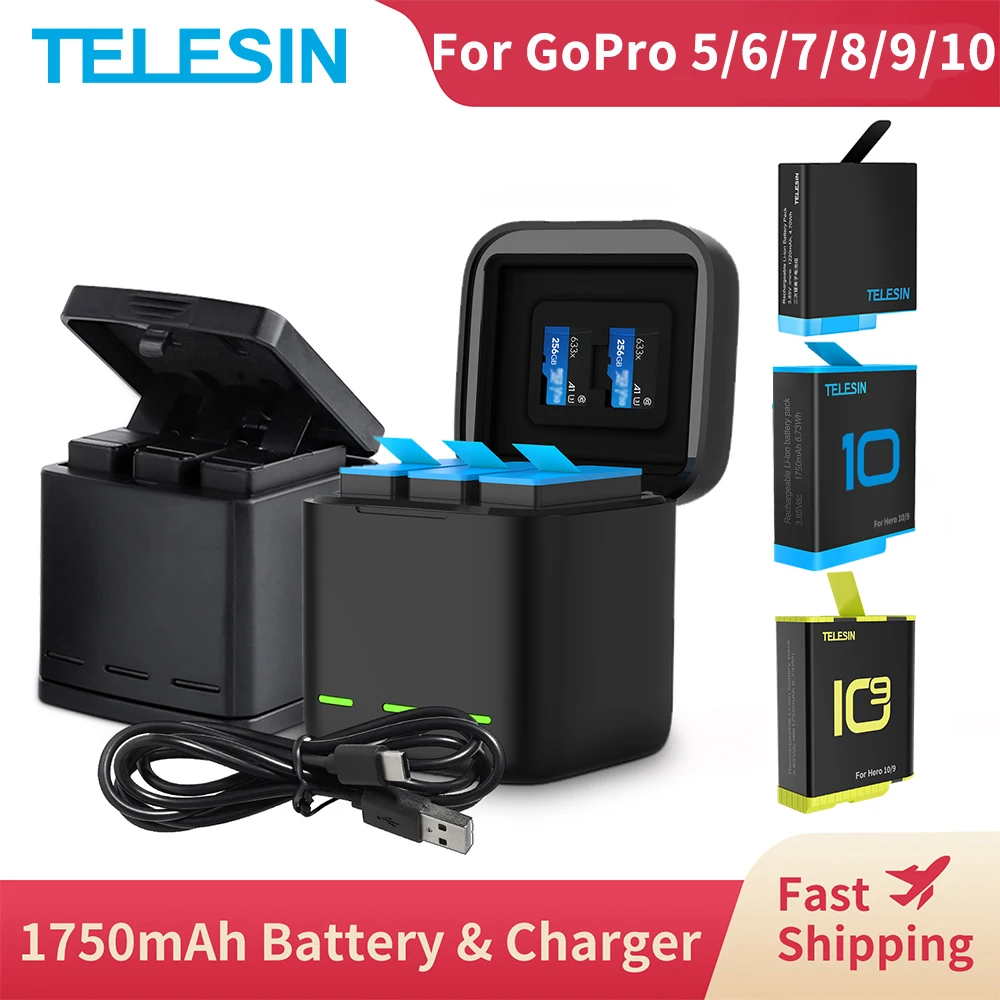 Зарядное устройство TELESIN для GoPro 10 9, 1750 мА · ч, 1220 мА · ч, 3 слота