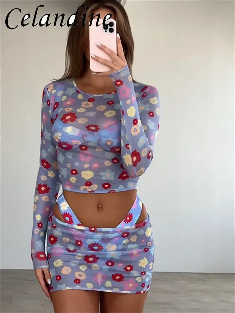 

Celandine 2023 Long Sleeve Crop Top And Skirt 2 Piece Set Y2K Print Sexy See Through Mesh Beach Vacation Outfits Summer Women