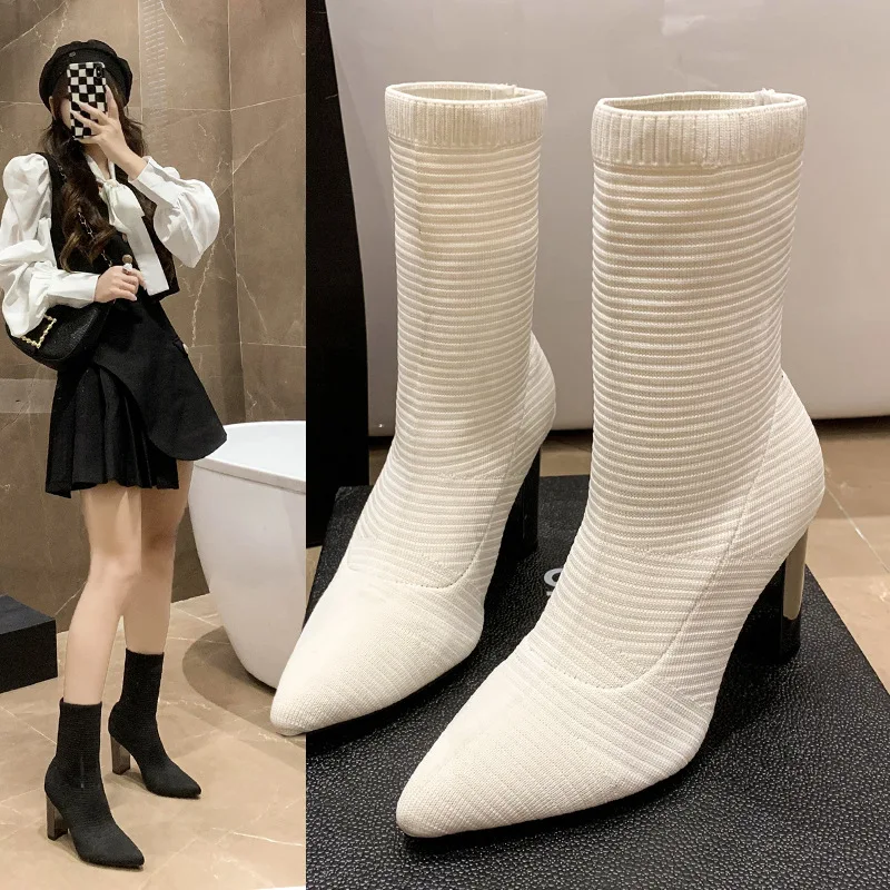 

BCEBYL Autumn winter new large-size high heel elastic boots pointed boots fashion socks boots thick heel female ankle boots 2022