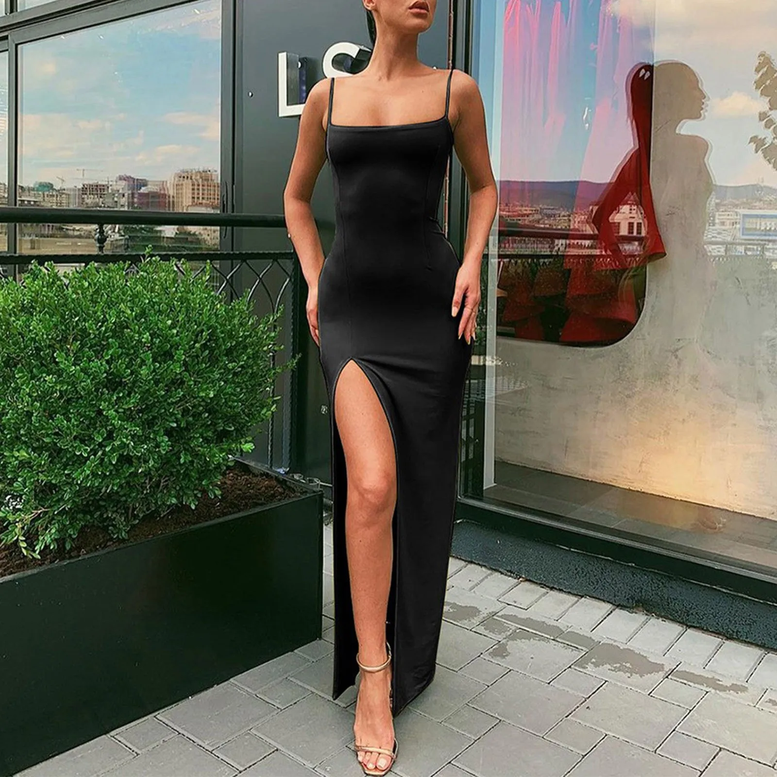 

45# Backless Sexy Strap Split Summer Dress Women Elastic Long Dress Sleeveless Camisole Clubwear Evening Party Dress Robe