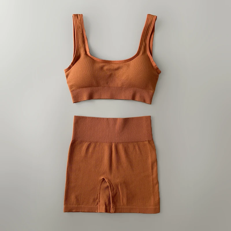 Seamless Ribbed Yoga Set for Women Clothing Sportswear High Waist Leggings Gym Suit Workout Running Crop Top Female Tracksuit