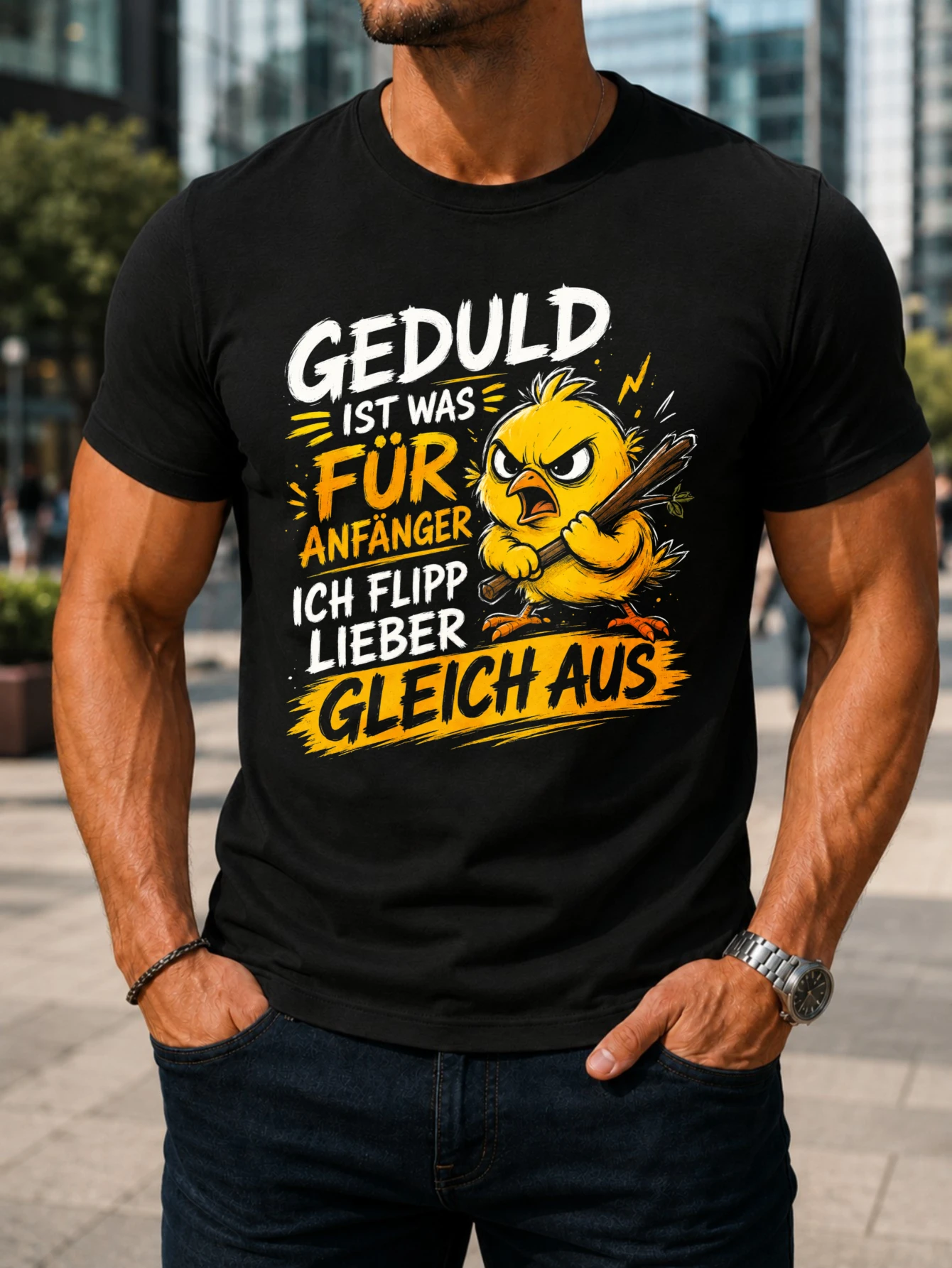 Фото Футболка унисекс с графическим принтом Angry Duck Stick, типографской графикой и темой German Temper для новичков: «Терпение — это то, что нужно». №1