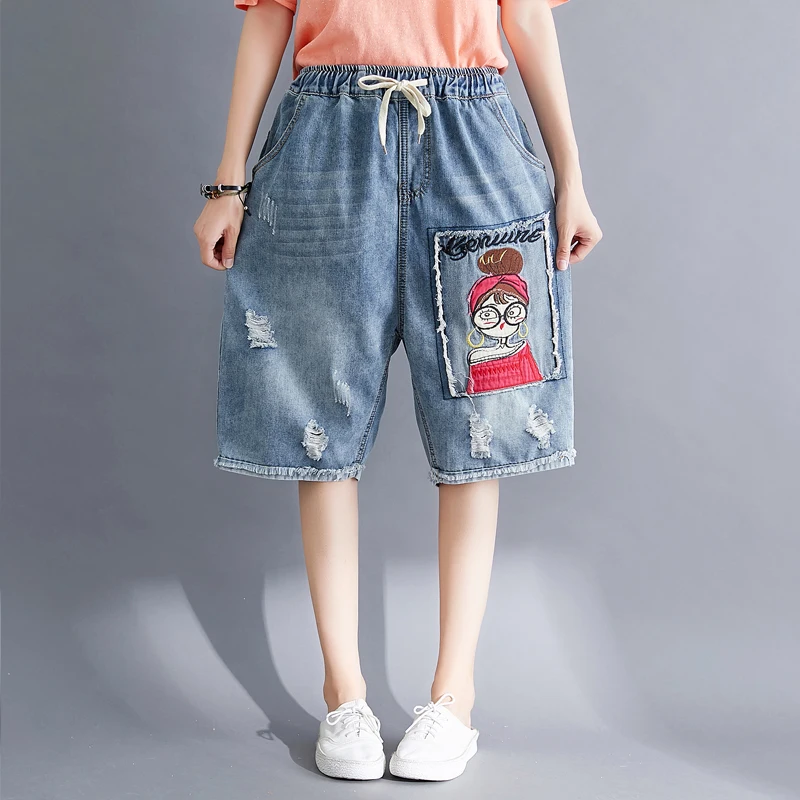 

Women Summer Embroidery Cartoon Patchwork Vintage Ripped Hole Casual Shorts Female Elastic Drawstring Denim Shorts Streetwear