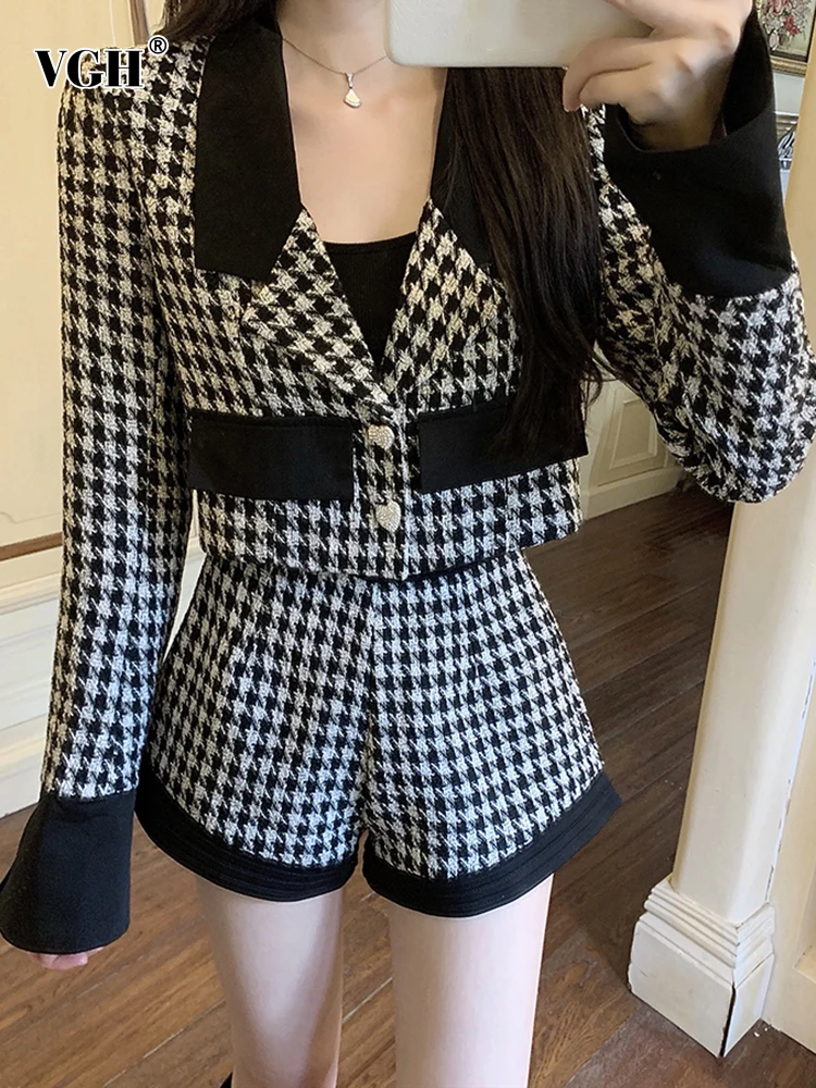

VGH Casual Houndstooth Two Piece Sets For Women V Neck Long Sleeve Single Breasted Coats High Waist Short Pants Female Set 2022