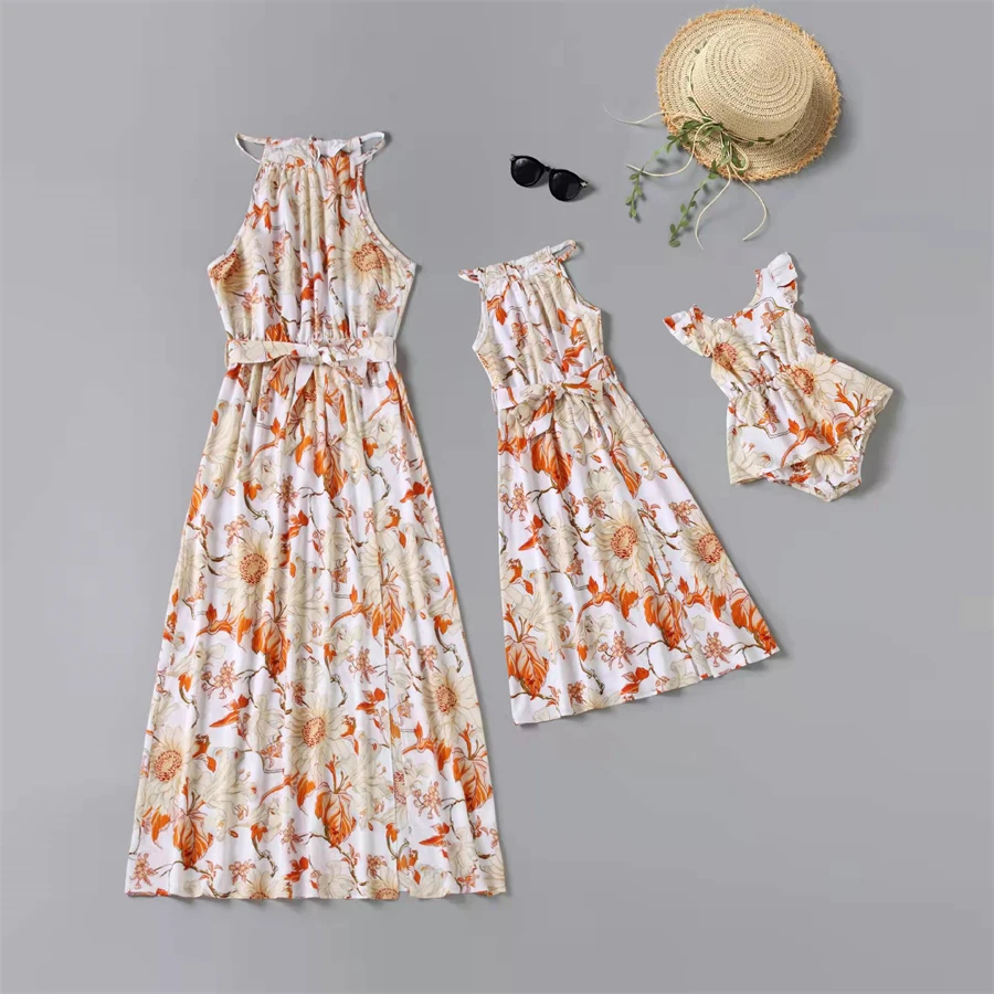 

Sleeveless Mother Daughter Matching Dresses Family Look Flower Mom Baby Mommy and Me Clothes Fashion Woman Girls Long Dress