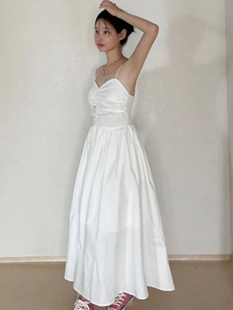 

Gaganight Women White Spaghetti Strap Dress 2022 Korean Chic Summer French Gentle Folds Waist Thin Sleeveless Solid Long Dresses