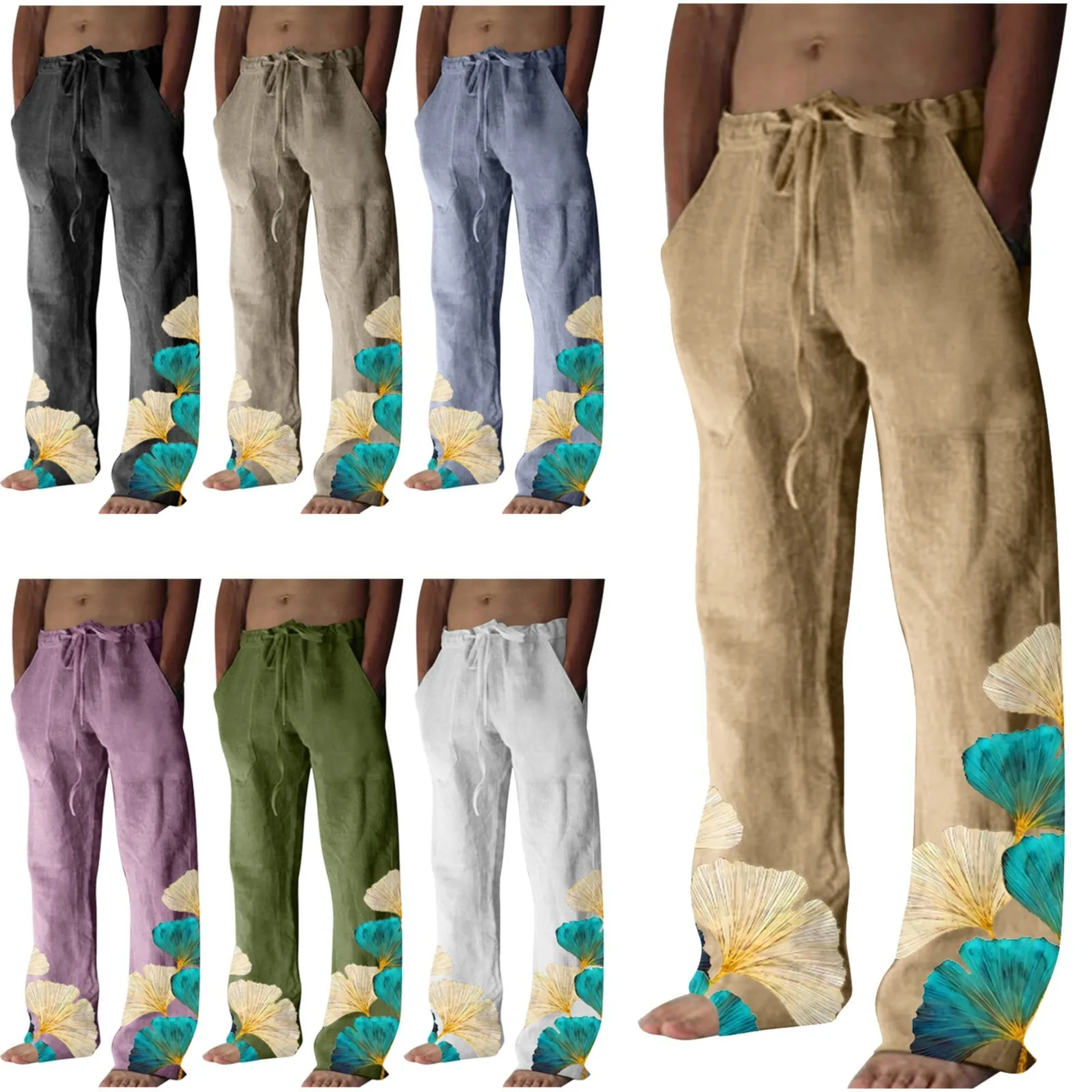 

Cotton Linen Pants For Men Leaf Print Casual Loose Fit Baggy Hippie Style Retro Classic Casual Pants for Men Indoor Outdoor