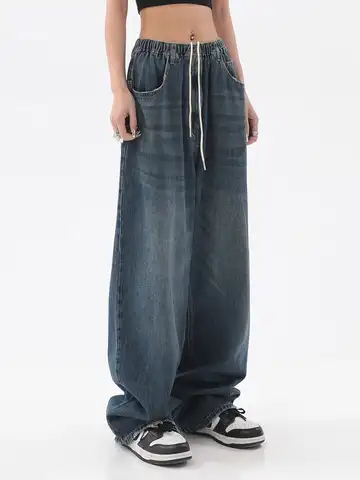 Spring Women Vintage Baggy Jeans Elastic Waist Oversized American Trouser Denim Wide Leg Streetwear Straight Basic Pants Y2k