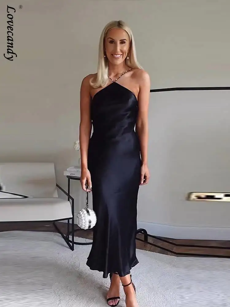 

Платье женское атласное с открытыми плечами, Элегантное Длинное Вечернее с открытой спиной, на тонких бретельках, без рукавов, на лето