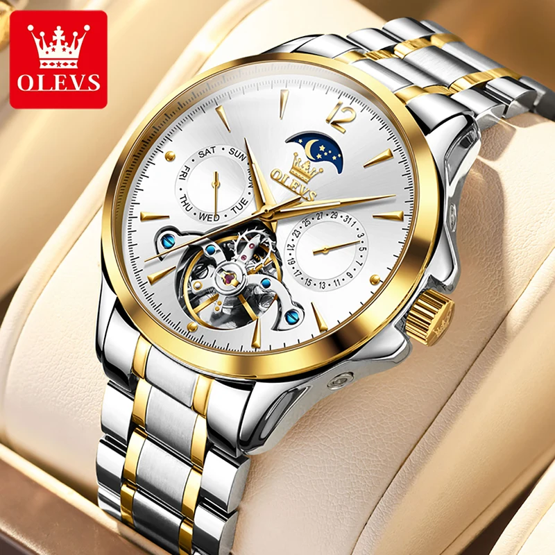 OLEVS Luxury Brand New Men Automatic Mechanical Watch Fashion Tourbillon Watches Luminous Waterproof Weekly Calendar Display