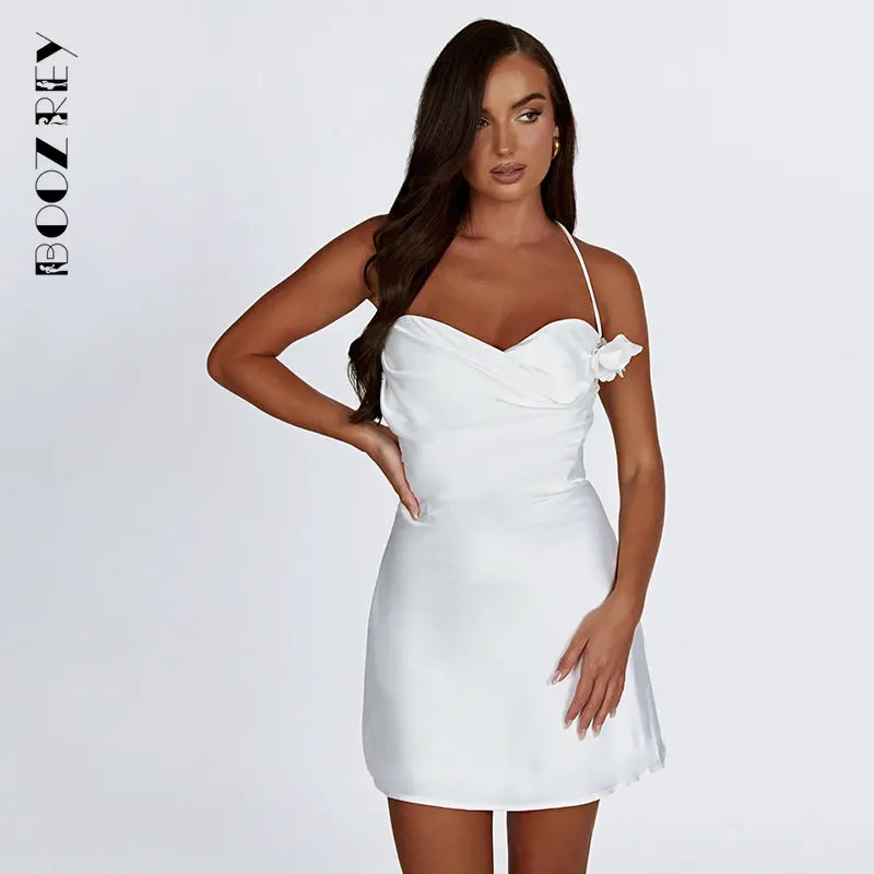 

BoozRey NEW Floral Appliques Backless Halter Short Dresses White Black Going Out Sexy Dress for Women Party 2023 Summer clothing