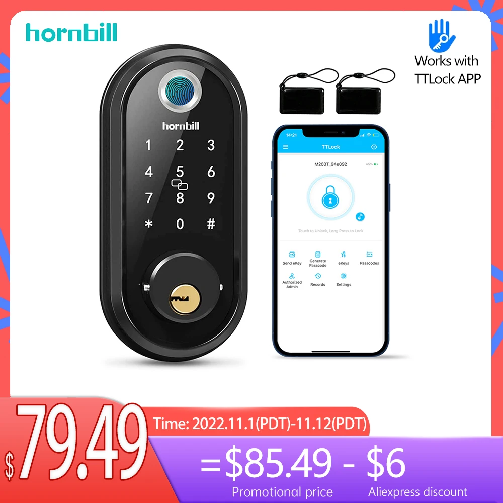 

Дверной смарт-замок Hornbill с Биометрическим отпечатком пальца, замок для входной и входной двери без ключа, с Wi-Fi и электронной клавиатурой дл...