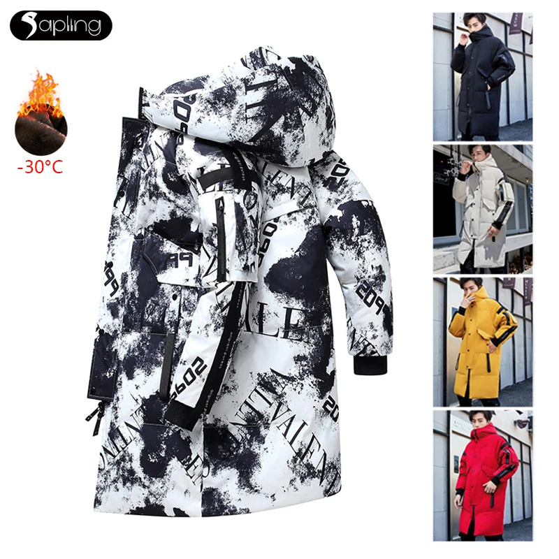 

Men Down Jackets -30 Degrees Winter Hooded Down Coats Tooling Mid-length Men's Parkas Korean Fashion Clothing New Male Jackets
