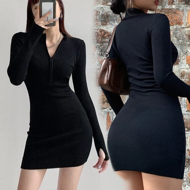 

Women's Front Zipper V Neck Dress Long Sleeves Dress Cocktail Club Bodycon Dress