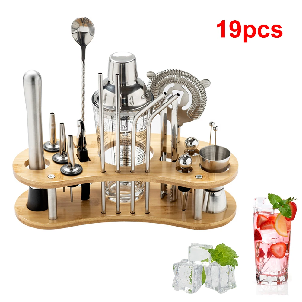 

750ml/550ml/400ML/350ML Stainless Steel Bar Cocktail Shaker Set Barware Tools Shaker Sets with Wood Stand 19Pcs