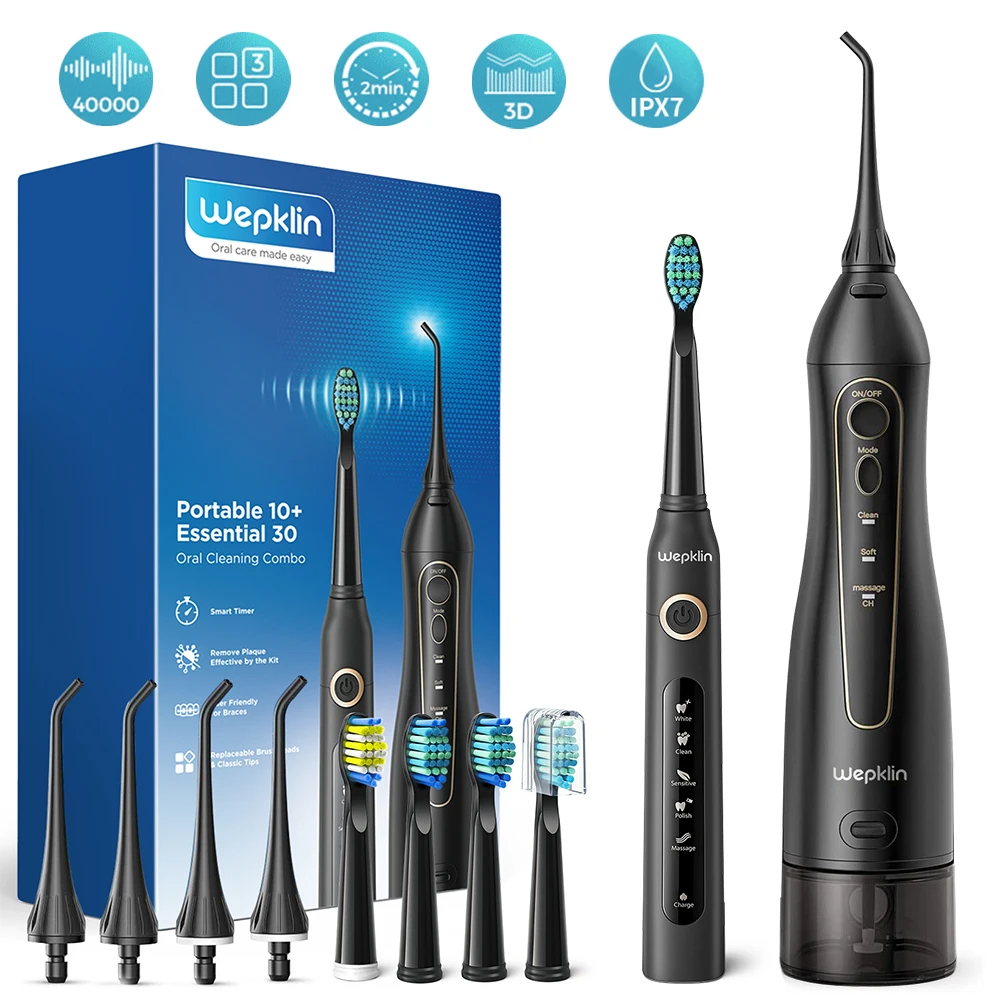 

Water Flosser and Electric Toothbrush Combo Oral Irrigator IPX7, with 4 Jet Tips and 4 Brush Heads