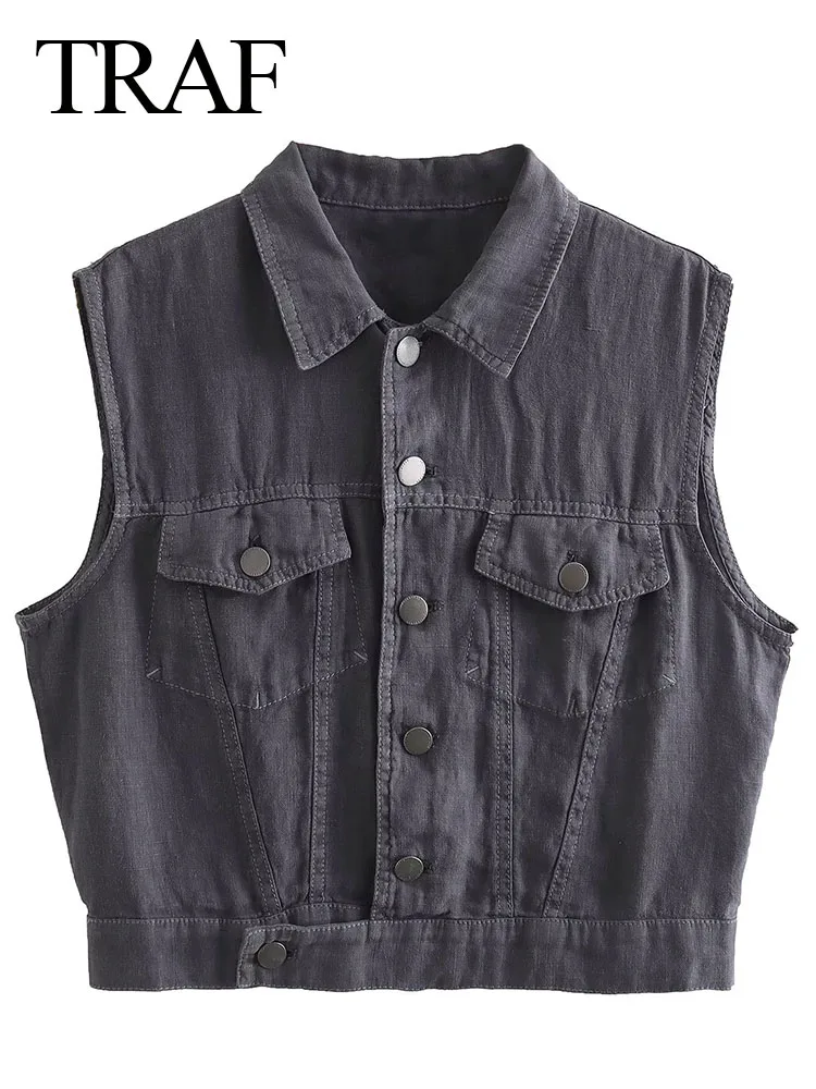 

TRAF Summer Fashion Linen Solid Vest Top Vintage Lapel Women's Sleeveless Vest Lady Single Breasted Streetwear Chic Waistcoat